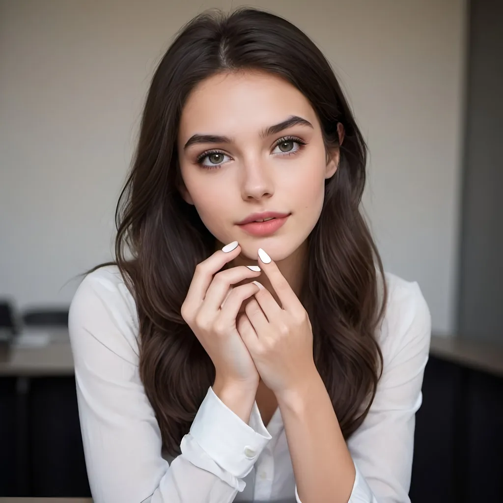 Prompt: pretty brunette, collegen student, tall, medium build, dressed smart, intelligent, extremely beauitful, defined jaw, pretty dark eyes, soft lips, perfect hands with white nail polish, 