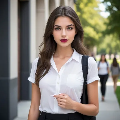 Prompt: pretty brunette, collegen student, tall, medium build, dressed smart, intelligent, extremely beauitful, defined jaw, pretty dark eyes, soft lips, perfect hands with white nail polish, walking to class