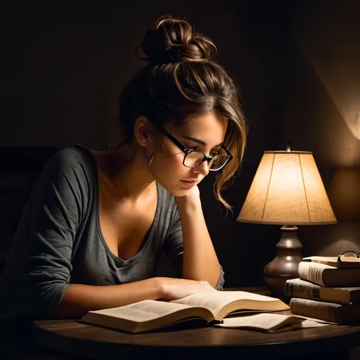 Prompt: pretty, young brunette woman messy bun sitting next to a lamp in the dark, distressed, reading, glasses