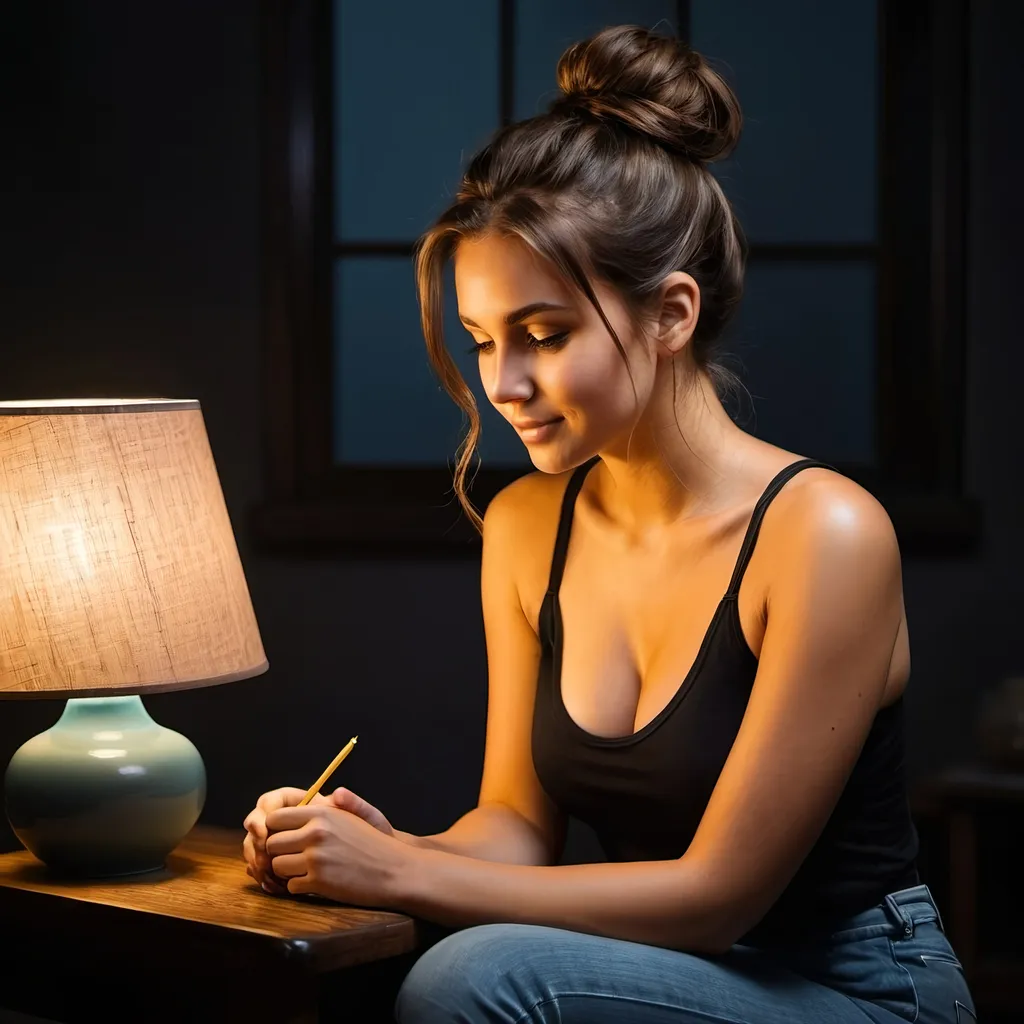 Prompt: pretty, young brunette woman messy bun sitting next to a lamp in the dark