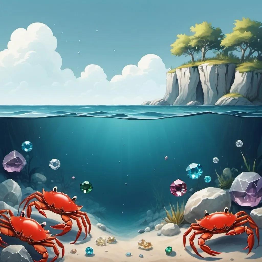 Prompt: Simple landscape under the see, there are crab holding the gems and diamond