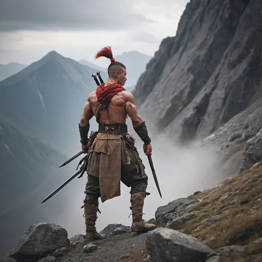 Prompt: a lone warrior training in the mountain
