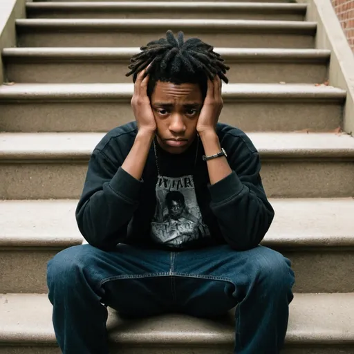 Prompt: Generate an image of a Black teenager holding his head in his hands. He is sitting on some stairs in the same similar to/at the same angle as the album cover by the band Minor Threat. the boy should be alone and he should have short dreadlocks.