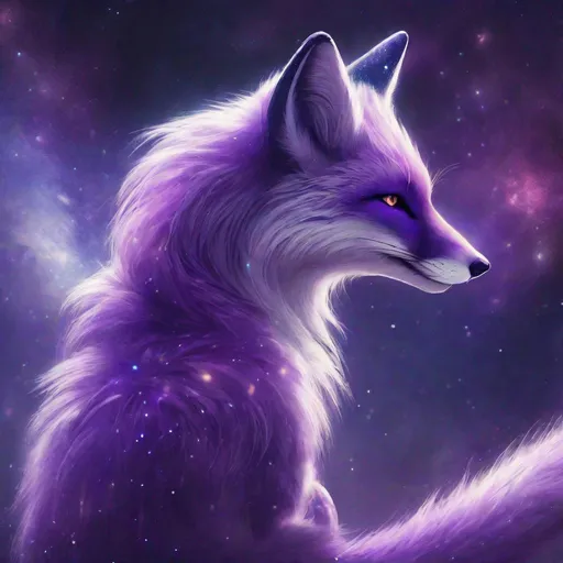 Prompt: Purple fox with two tails, fantasy digital painting, elegant and mystical, detailed fur with iridescent highlights, space setting, magical atmosphere, high-res, fantasy, digital painting, mystical, purple tones, detailed fur, two tails, galaxy, elegant, magical atmosphere