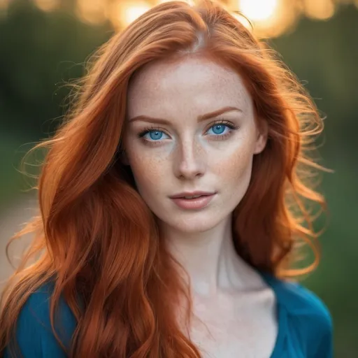 Prompt: redhead woman with long red hair and blue eyes posing for a picture, beautiful redhead woman, redhead woman, photo of a beautiful woman, redhead girl, red haired young woman, a redheaded young woman, woman with red hair, red hair and attractive features, soft portrait shot 8 k, she is redhead, flowing ginger hair, red haired girl, long glowing red hair, puma shirt