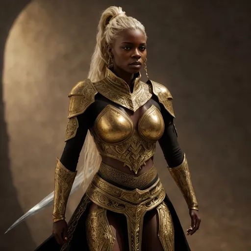 Prompt: Fantasy illustration of a powerful and  african knight, Black woman, Golden and bronze armor, showing her belly, Black cloak, ponytail white  hair, tattooed, dramatic lighting, highres, detailed, professional, design, fantasy, powerful