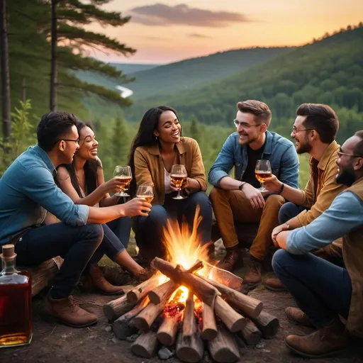 Prompt: A multicultural group of friends sitting around a campfire, relaxed, casual, telling stories, laughing, engaged in lively conversation, rectangular whiskey bottle on a table, cocktail glasses in hand, rustic environment, dramatic sunset in the sky, rich green forest in the background, sharp contrast against vibrant sky and golden color of whiskey, dynamic atmosphere, joy and camaraderie, ultra-detailed, vibrant colors, high-definition image.