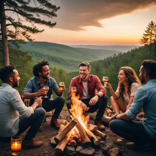 Prompt: A multicultural group of friends sitting around a campfire, relaxed, casual, telling stories, laughing, engaged in lively conversation, rectangular whiskey bottle on a table, cocktail glasses in hand, rustic environment, dramatic sunset in the sky, rich green forest in the background, sharp contrast against vibrant sky and golden color of whiskey, dynamic atmosphere, joy and camaraderie, ultra-detailed, vibrant colors, high-definition image.