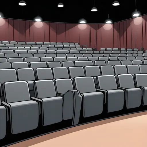 Prompt: A thinly black outline, cel shaded, cartoon styleed, Row of indoor stage seats backround to use a animation video for answering questions. side view