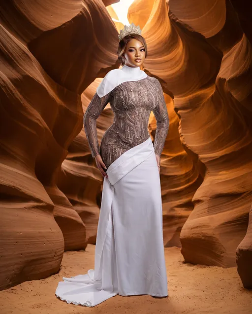 Prompt: "Based on the reference image" infuse the exact  background of the second image into the background of the first image, retain the  aesthetic effect of the second background add some light on the woman cloth and make the image more brighter. add depth to the background and make sure she look photorealistic against the background.  The  features of the woman  in the first image should remain  as exact as the reference image, her hand placement, face position, should stay exact same as the reference image. Ensure he blends seamlessly into the scene with realistic scale and perspective, clear focus. Use the camera angle of the  first to balance the entire scene. it should have a natural colour. the skin of the woman should look real, she should not look like a painting and also the skin and hair texture should very real.