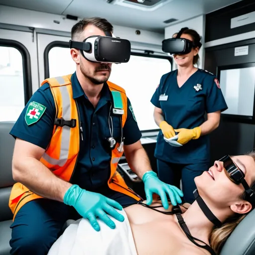 Prompt: paramedic with virtual reality gloves working inside the ambulance together with a patient on the couch without any VR gloves

