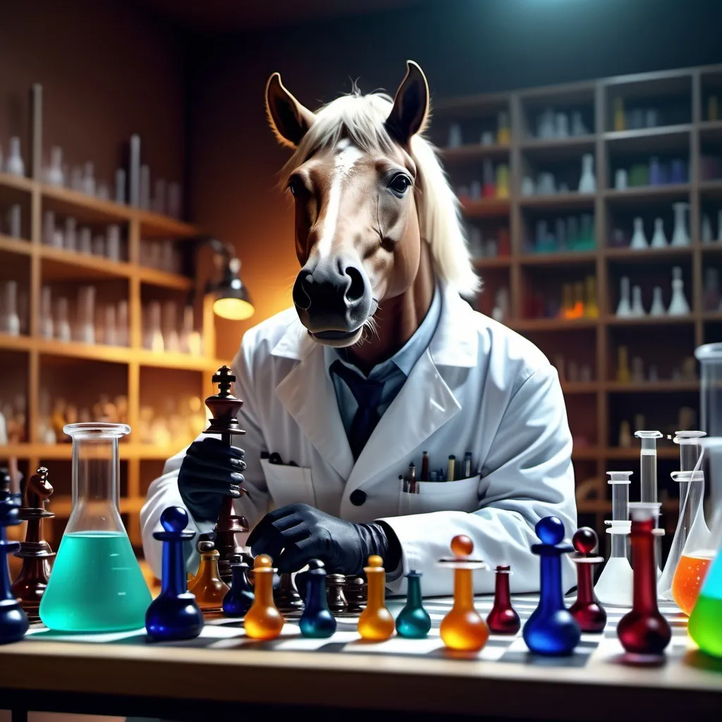 Prompt: (chess knight horse), wearing a (white lab coat), conducting (lab experiments), surrounded by (scientific equipment), with colorful liquids in (test tubes), focused expression, (bright lab setting), warm ambient lighting, high detail, (whimsical and imaginative) atmosphere, ultra-detailed, 4K quality, cinematic depth.