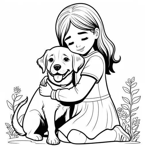 Prompt: B&W coloring book page, a girl hugging her dog, line art, solid white background 