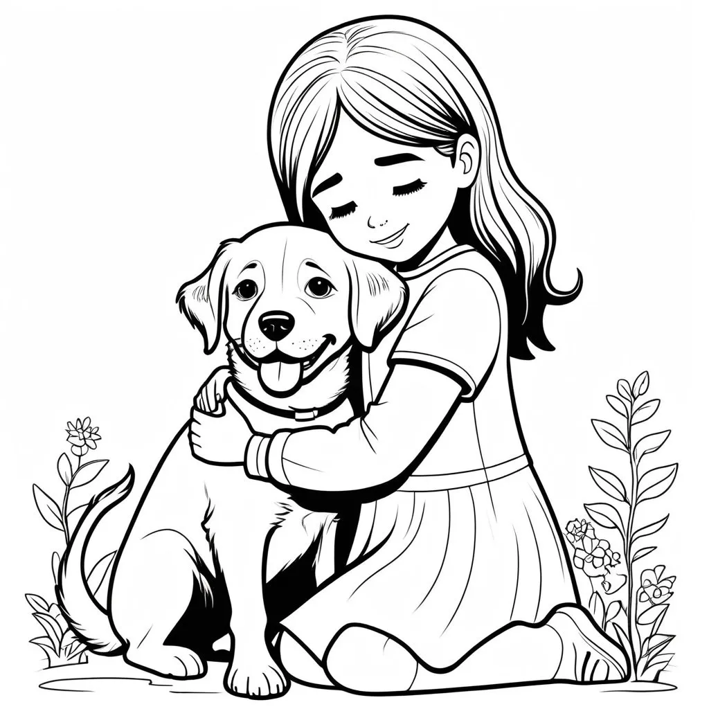 Prompt: B&W coloring book page, a girl hugging her dog, line art, solid white background 