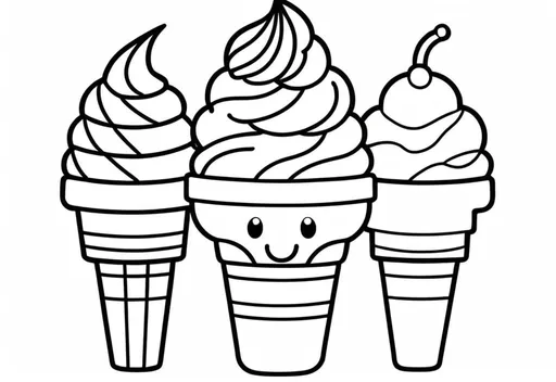 Prompt: B&W coloring book page, create a simple, cute kawai ice cream with no shading in thick black outline, black lines only leaving space for kids to color in, include minimal white background. Drawings to be suitable for a kids coloring book ages 2-5, make sure not to use existing works.