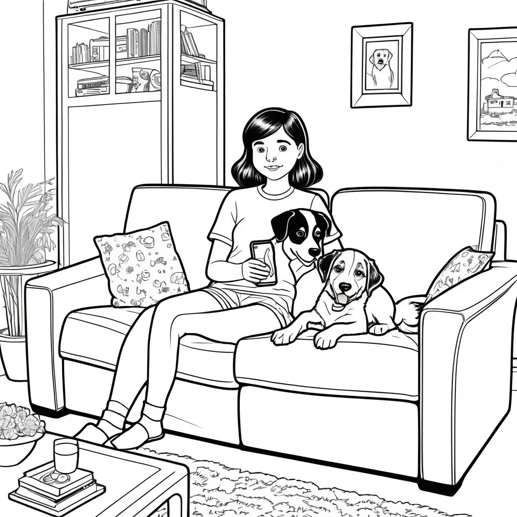 Prompt: B&W colouring book page, a girl snuggling on the couch with her dog while watching Tv, line art, solid white background