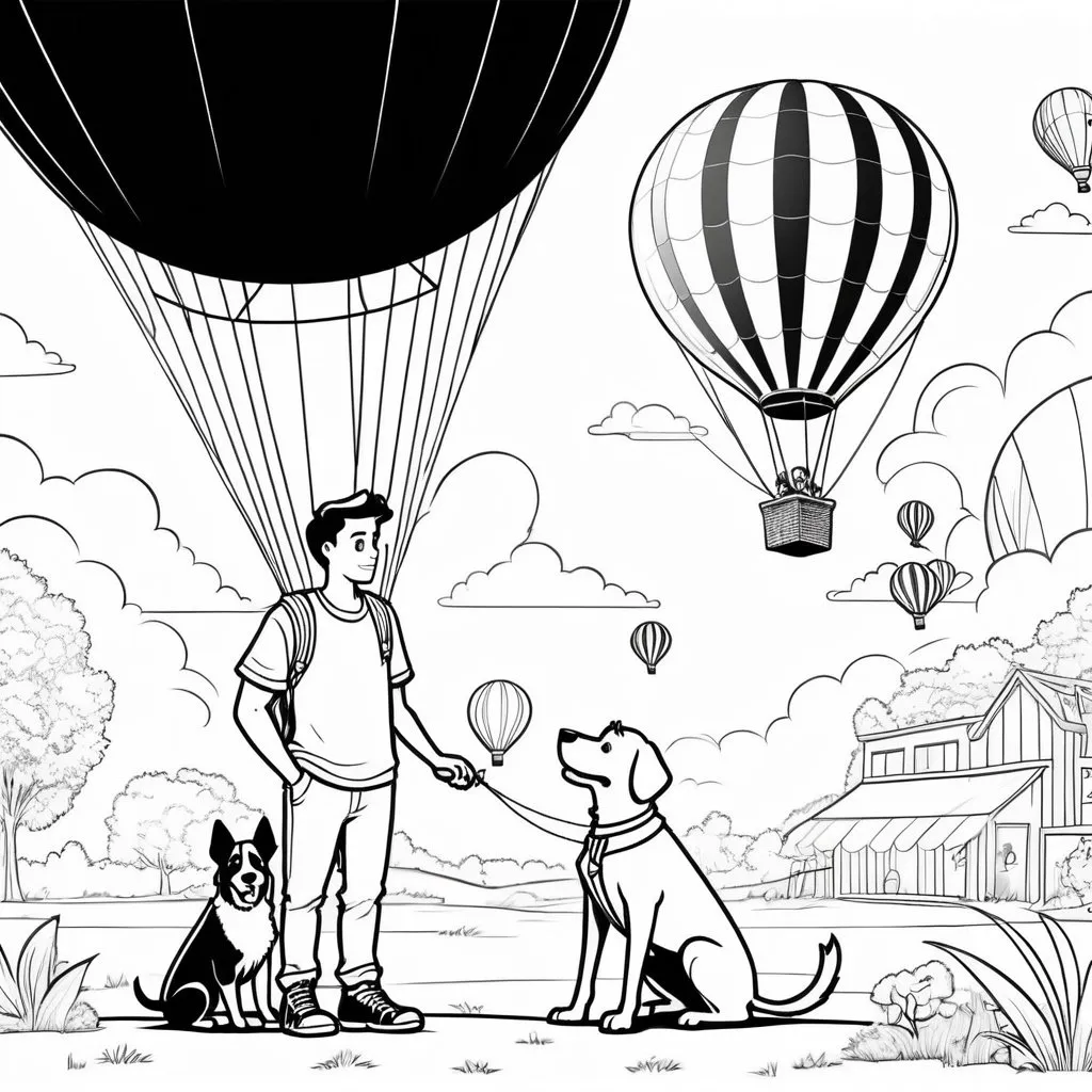 Prompt: B&W coloring book page, a young man and a dog at a hot balloon festival , line art, solid white background,with no shading in thick black outline, black lines only leaving space for kids to color in.  make sure not to use existing works.