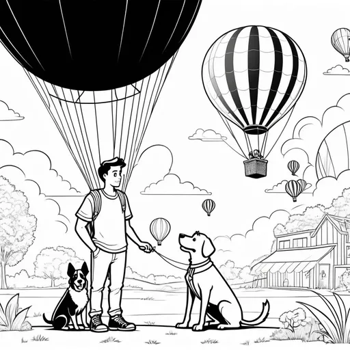 Prompt: B&W coloring book page, a young man and a dog at a hot balloon festival , line art, solid white background,with no shading in thick black outline, black lines only leaving space for kids to color in.  make sure not to use existing works.