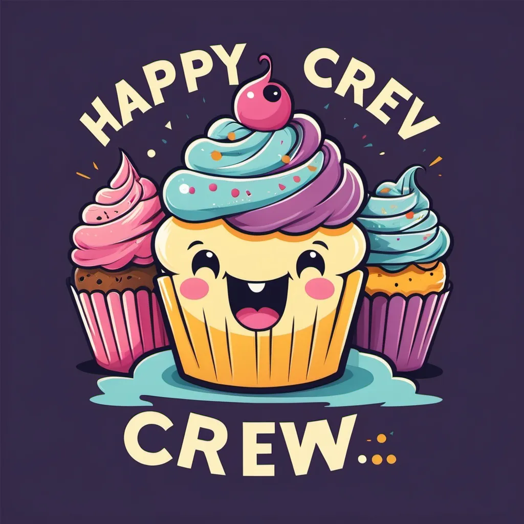 Prompt: Illustrated T-shirt design of a happy cupcake with cupcake crew written