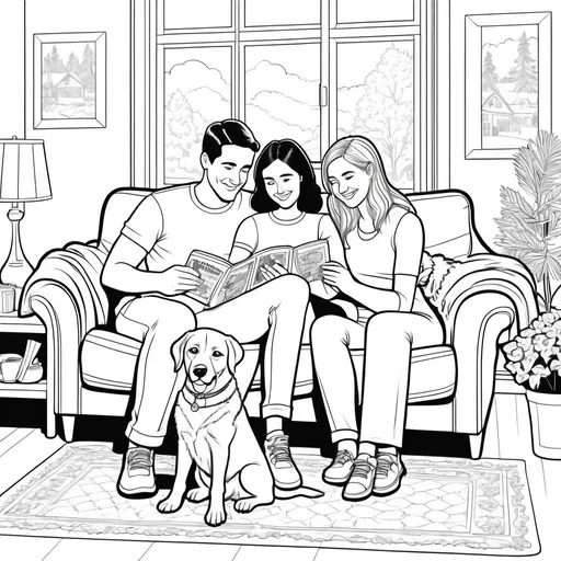 Prompt: B&W coloring book page, a cozy scene of a couple sitting on a couch with their dog besides them, line art, solid white background