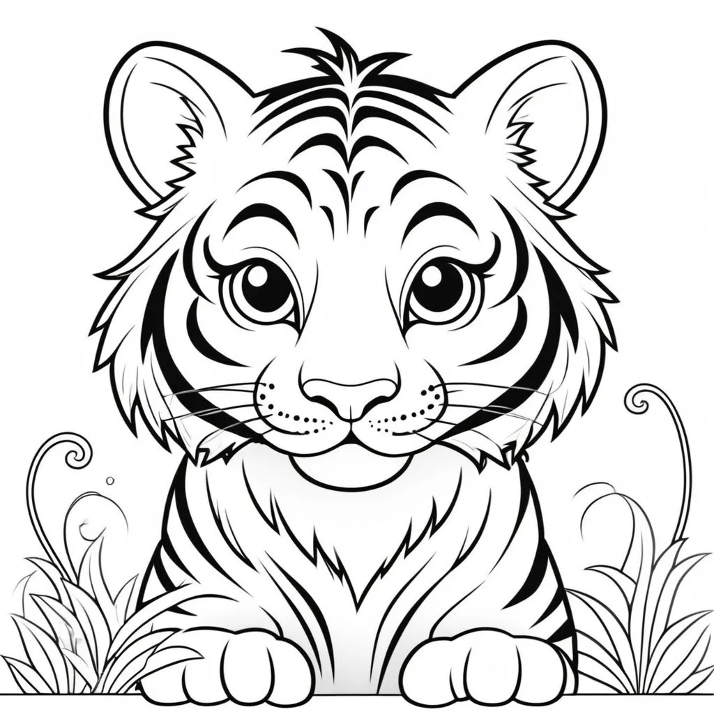 Prompt: B&W coloring book page, a cute fantasy tiger, line art, solid white background