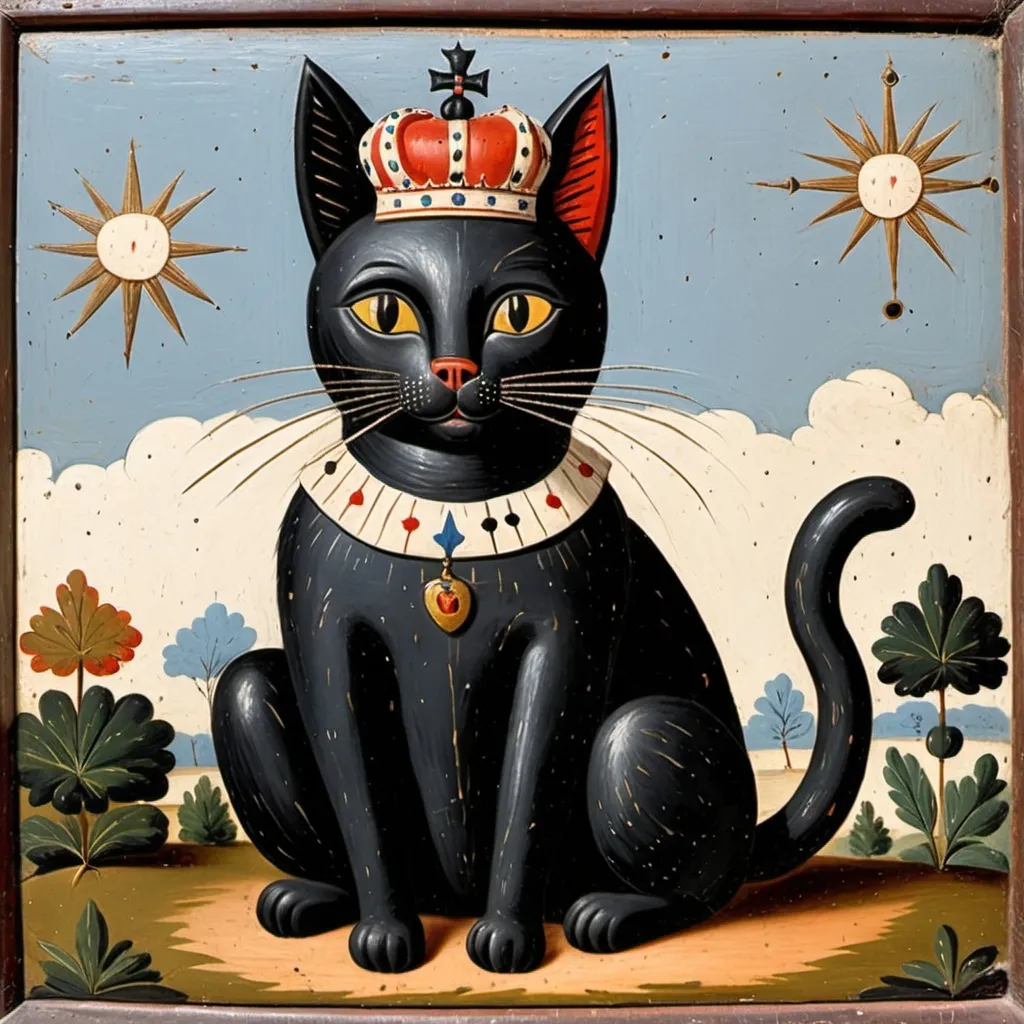 Prompt: Naive folk art 18th century , black cat wearing crown,painted