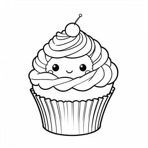 Prompt: B&W coloring book page, cute kawai cupcake, line art, solid white background