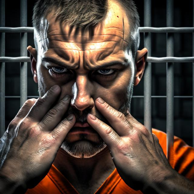 Prompt: 3D rendered, detailed image of a man behind bars, intense gaze at his hands, realistic lighting, high quality, dramatic, emotional, detailed fingers and palms, textured prison bars, somber atmosphere, orange lighting, highres, emotional, realistic, detailed, 3D rendering, intense gaze, textured, somber, dramatic lighting