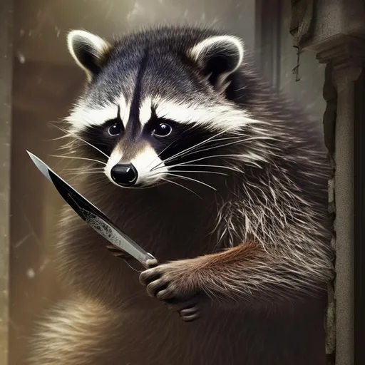 Prompt: Male raccoon climbing through home window with a knife, detailed fur with grayish-brown tones, intense and mischievous gaze, realistic 3D rendering, dark and eerie atmosphere, high quality, realistic, detailed fur, intense eyes, 3D rendering, dark atmosphere, mischievous, detailed lighting