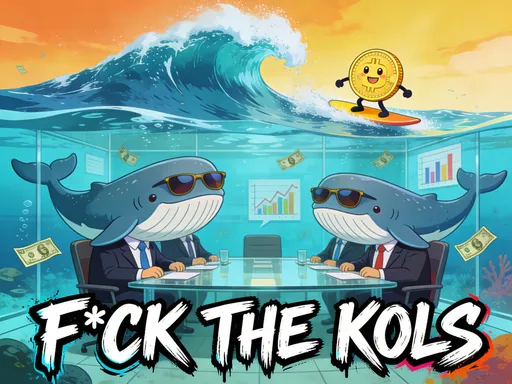 Prompt: Digital illustration of huge cartoon crypto whales in business suits and sunglasses sitting in an underwater boardroom made of glass, charts and dollar bills floating around them. In the background, a small goofy meme coin character is surfing a giant wave above the water, completely ignoring the whales. Bold graffiti-style text at the bottom: ‘F*CK THE KOLs’. Bright, saturated colors, meme style, widescreen, high detail.