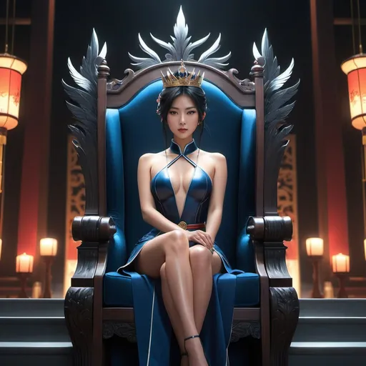 Prompt: a beautiful sadistic Asian woman is sitting on a throne crowning darkness,  full body, perfect composition, cinematic, video game trailer, dark, dramatic, detailed painting, 8k, octane render, by makoto shinkai, stanley artgerm lau, wlop, rossdraws, concept art, digital painting, looking into camera,