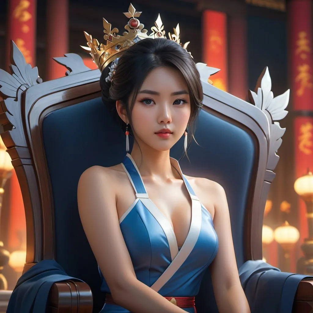 Prompt: beautiful asian woman is sitting on the crown throne, tense atmosphere, perfect composition, cinematic, video game trailer, dramatic, detailed painting, 8k, octane render, by makoto shinkai, stanley artgerm lau, wlop, rossdraws, concept art, digital painting, looking into camera,