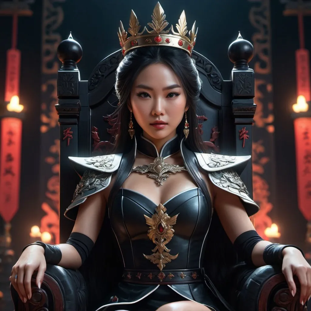 Prompt: a beautiful sadistic asian woman is sitting on a throne crowning darkness, real, detail, close up, perfect composition, cinematic, video game trailer, dark, dramatic, detailed painting, 8k, octane render, rossdraws, concept art, digital painting, looking into camera,