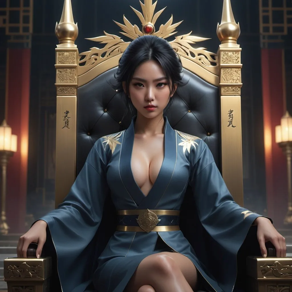 Prompt: a beautiful sadistic Asian woman is sitting on a throne crowning darkness with scar in face,  full body, perfect composition, cinematic, video game trailer, dark, dramatic, detailed painting, 8k, octane render, by makoto shinkai, stanley artgerm lau, wlop, rossdraws, concept art, digital painting, looking into camera,