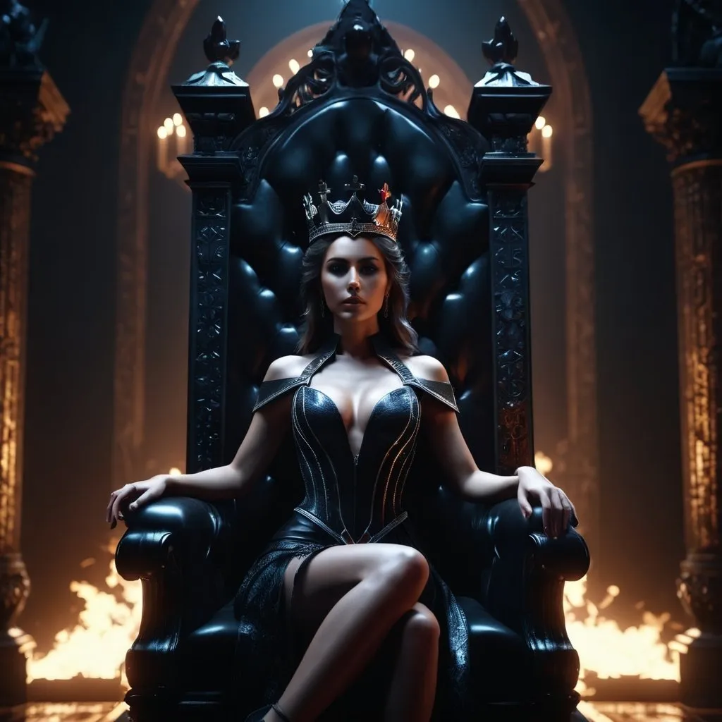 Prompt: a beautiful sadistic woman is sitting on a throne crowning darkness, real, perfect composition, cinematic, video game trailer, dark, dramatic, 8k, octane render,  looking into camera,