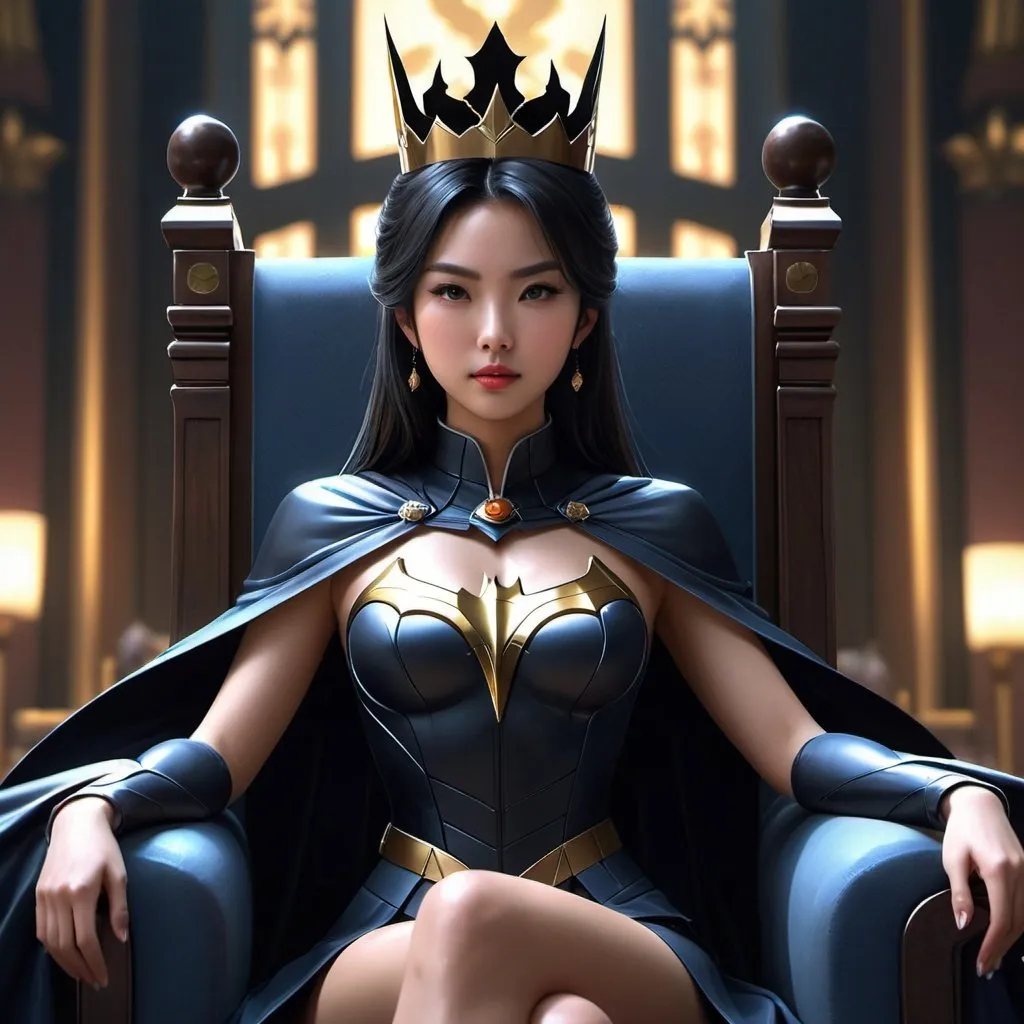 Prompt: beautiful asian woman is sitting on the crown throne, tense atmosphere, batman the dark night tense, perfect composition, cinematic, video game trailer, dramatic, detailed painting, 8k, octane render, by makoto shinkai, stanley artgerm lau, wlop, rossdraws, concept art, digital painting, looking into camera,