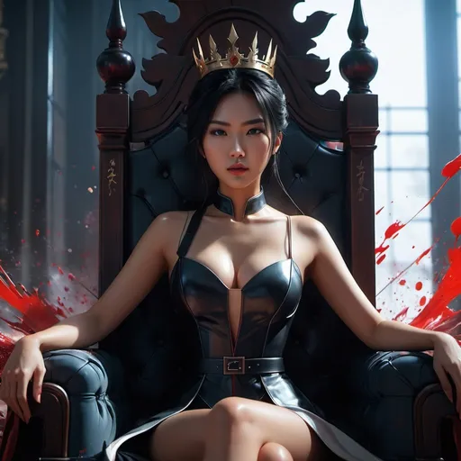 Prompt: a beautiful sadistic Asian woman is sitting on a throne crowning darkness with blood splatters, tense atmosphere, perfect composition, cinematic, video game trailer, dark, dramatic, detailed painting, 8k, octane render, by makoto shinkai, stanley artgerm lau, wlop, rossdraws, concept art, digital painting, looking into camera,