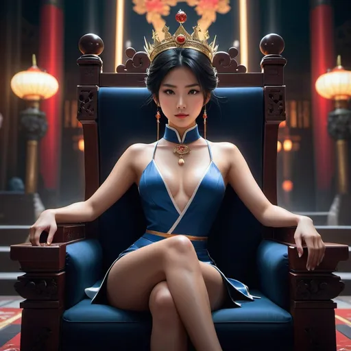 Prompt: beautiful asian woman is sitting on the crown throne of the dark, tense atmosphere, perfect composition, cinematic, video game trailer, dark, dramatic, detailed painting, 8k, octane render, by makoto shinkai, stanley artgerm lau, wlop, rossdraws, concept art, digital painting, looking into camera,