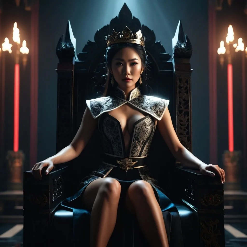 Prompt: a beautiful sadistic asian woman is sitting on a throne crowning darkness, real, perfect composition, cinematic, video game trailer, dark, dramatic, 8k, octane render,  looking into camera,
