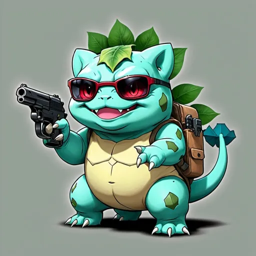 Prompt: badass super cool bulbasaur with sunglasses and a gun