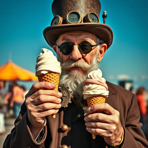 Prompt: Steampunk Old man holding an icecream