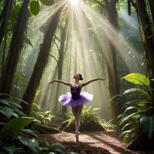 Prompt: A heavy rainforest with rays of sunshine passing through the leaves. At the center a ballet dancer in a releve position wearing a purple tutu.