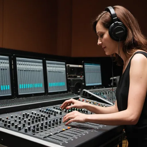 Prompt: A woman is operating an audio mixing console.