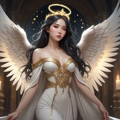 Prompt: full body portrait of angel, korean, tucked wings on back, beautiful, goddess, halo, tiara, stars, white skin, black hair, golden eyes, sorcerer, magic, princess, dnd, mystical background, castle, ethereal, intricate, highly detailed, digital painting, artstation, concept art, smooth, sharp focus, illustration, Unreal Engine 5, 8K, art by artgerm and greg rutkowski and alphonse mucha