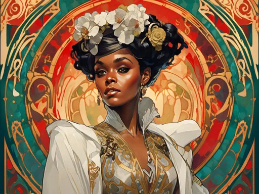 Prompt: A (portrait of Janelle Monae), stunning Alphonse Mucha's masterpiece, <mymodel> artstyle, art by Anders Zorn, art by Joseph Christian Leyendecker, vibrant color palette, art nouveau style, detailed ornate background, elegant and expressive, warm lighting, ethereal and sophisticated atmosphere, intricate patterns and designs, flowing lines, ultra-detailed, high quality, artbook illustration, intricate textures, breathtaking masterpiece.