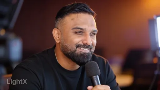 Prompt: Hyper-realistic close-up portrait of a 35 year old indian male documentary filmmaker, same person as before, modern casual clothing, attentive listening expression, slight smile, nodding, holding microphone, warm studio lighting, shallow depth of field, professional interview setup, bokeh background, Canon EOS R5, 85mm f/1.4, 8K, photorealistic

Negative prompt: different person, cartoon, animated, low quality, multiple faces, distorted