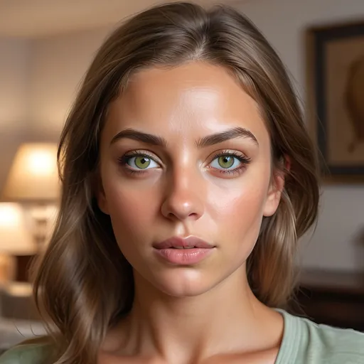 Prompt: Hyperhyper-realistic retrato de una mujer hermosa de frente. Con ojos color verde con café , tez bronceada, cabello café claro. Labios carnosos y grandes. En el fondo una sala de estar. La nariz pequeña y respingada 