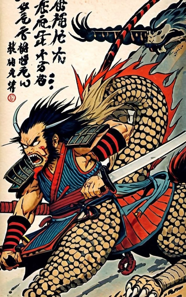 Prompt: an evil samurai running very fast across the desert to fight a horde of Japanese Edo-period thugs with a dragon in the background

