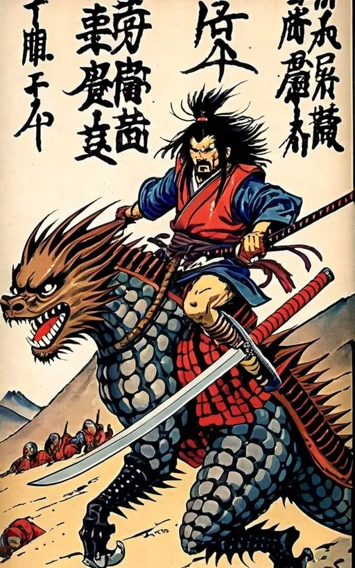 Prompt: an evil samurai running very fast across the desert to fight a horde of Japanese Edo-period thugs with a dragon in the background

