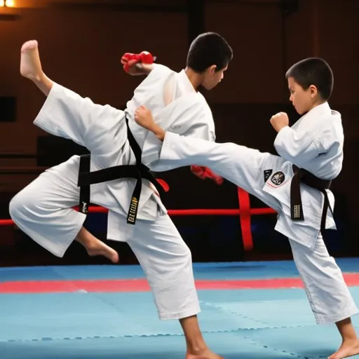 Prompt: Karate kid kick the Wushu kid on his face
